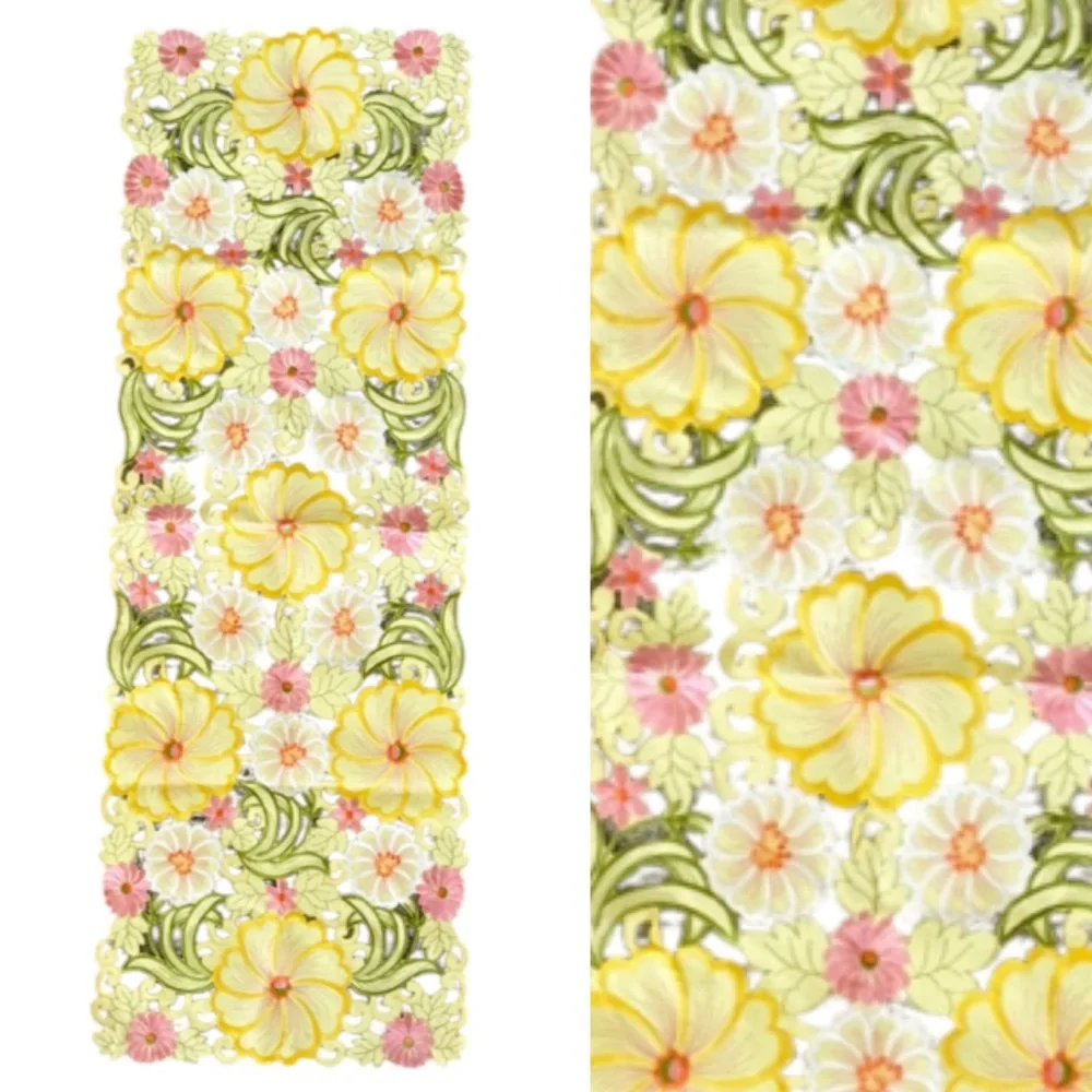 Vintage yellow pink floral embroidered cut out spring Easter table runner 43x15”